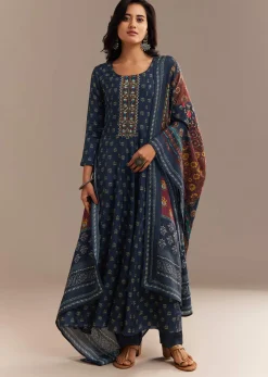 Blue Roman Silk Printed Anarkali Set