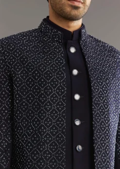 Blue Salli And Diamond Embellished Indo Western Set In Suiting Fabric