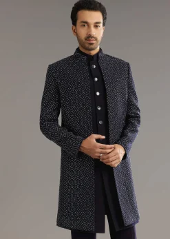 Blue Salli And Diamond Embellished Indo Western Set In Suiting Fabric