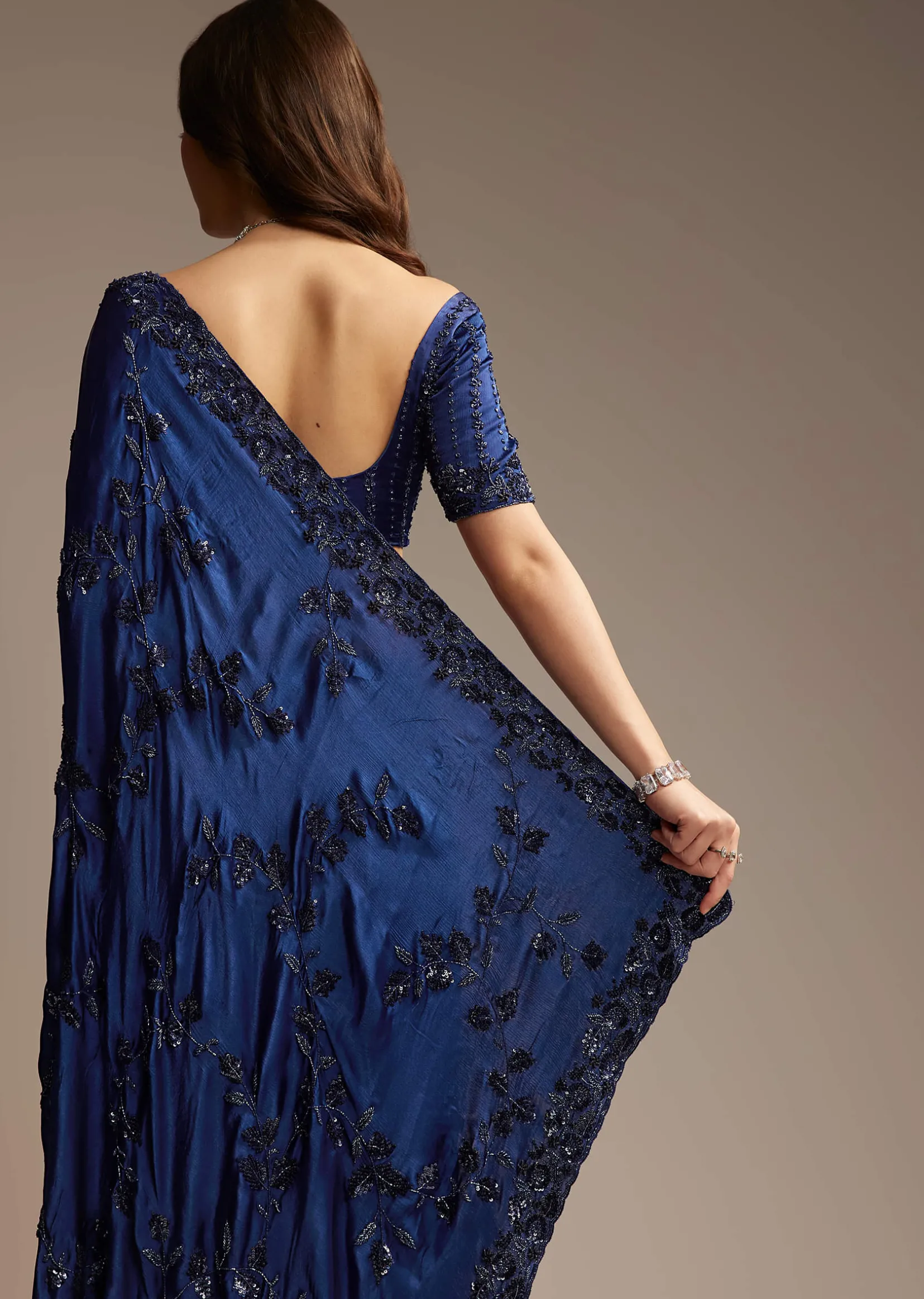 Blue Satin Chinon Saree with Heavy Jaal Embroidery