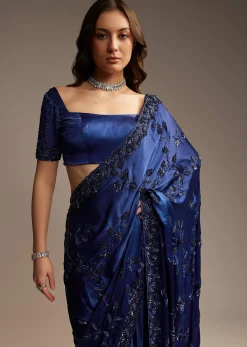 Blue Satin Chinon Saree with Heavy Jaal Embroidery