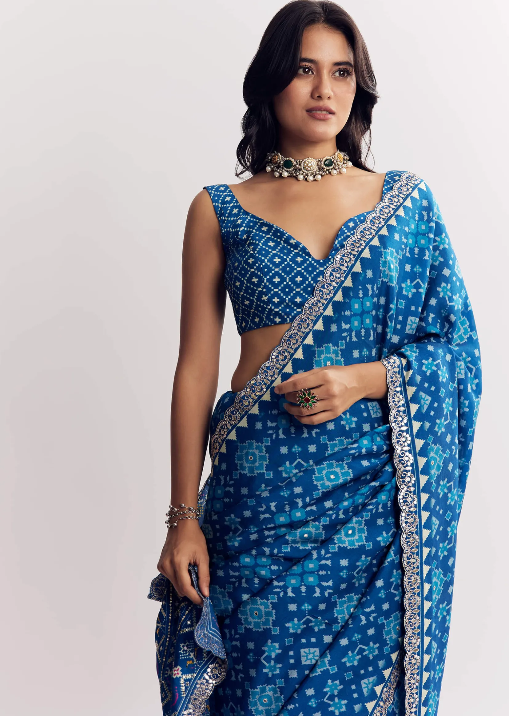 Blue Satin Ikat Printed Saree With Gota And Mirror Embroidery