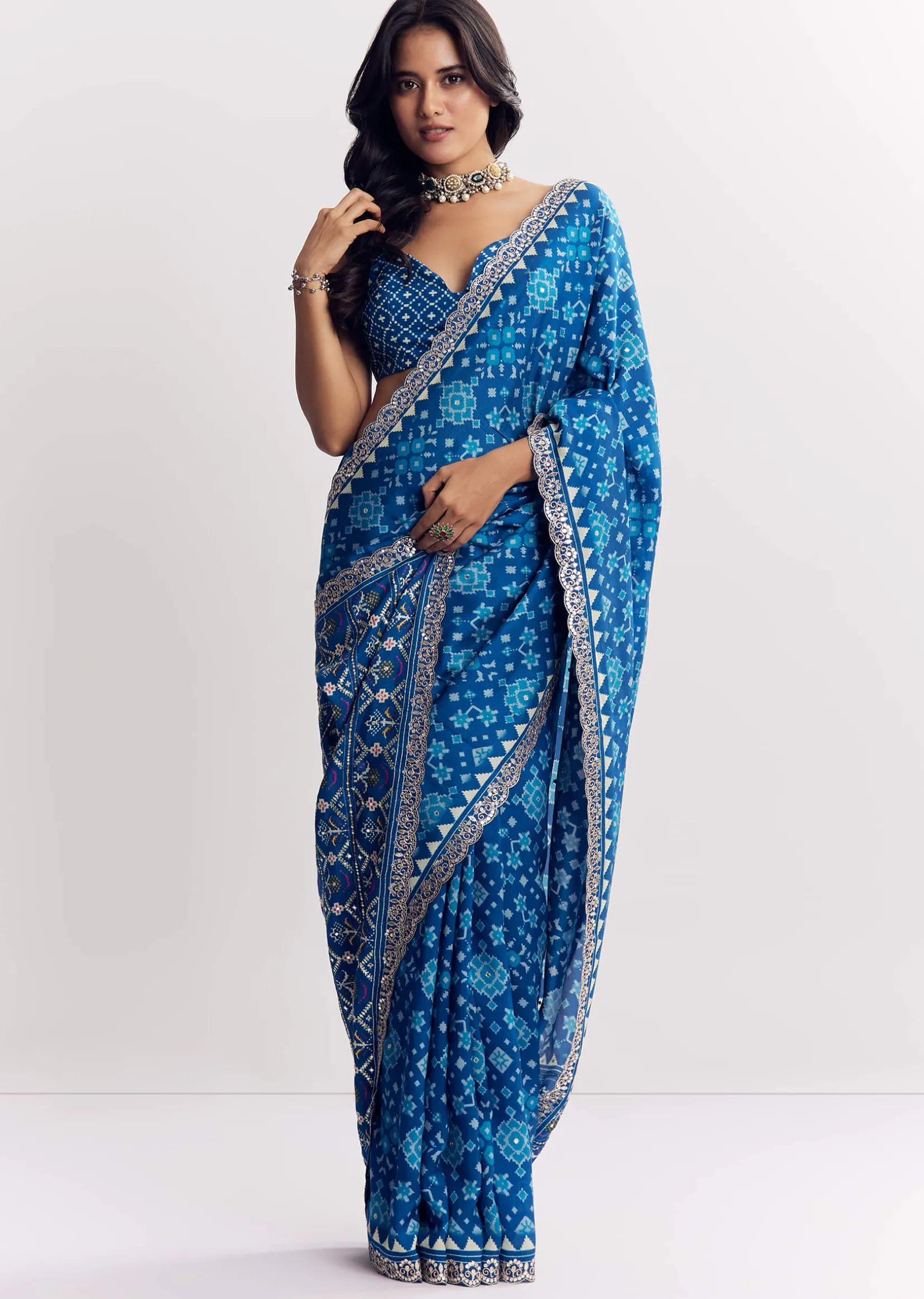 Blue Satin Ikat Printed Saree With Gota And Mirror Embroidery