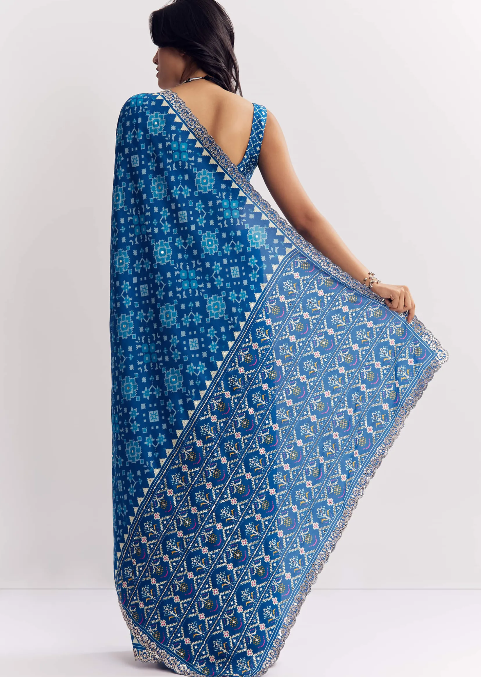 Blue Satin Ikat Printed Saree With Gota And Mirror Embroidery
