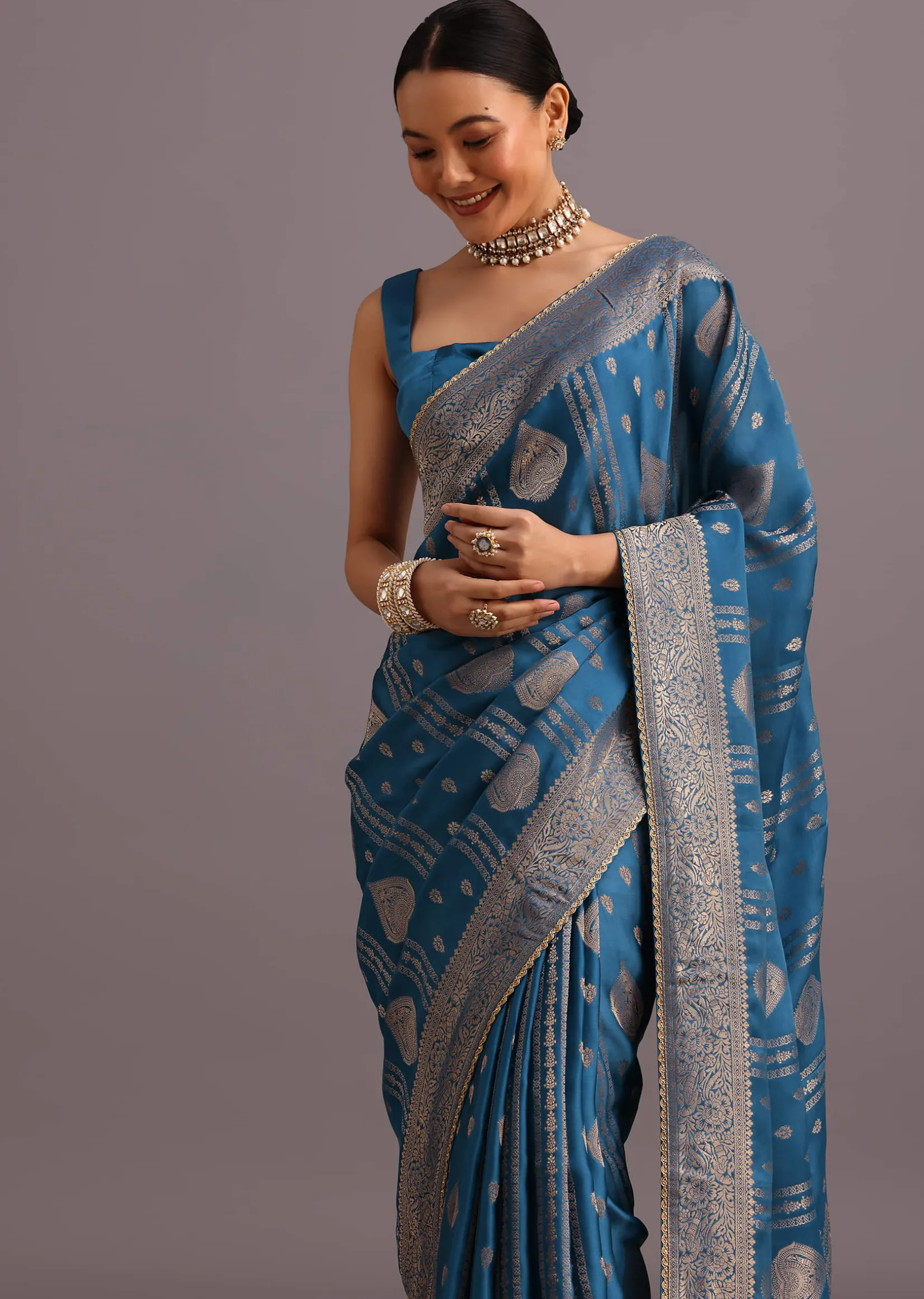 Blue Satin Silk Zari Woven Saree With Brocade Border