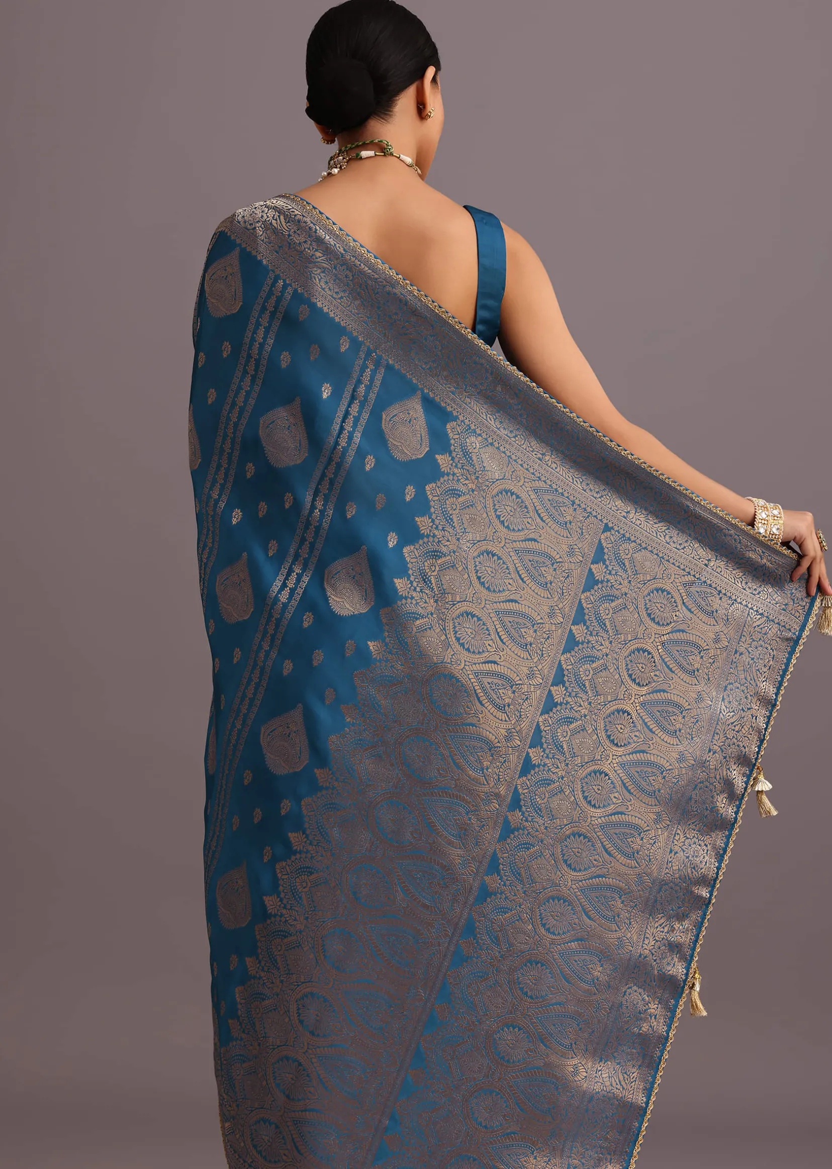 Blue Satin Silk Zari Woven Saree With Brocade Border