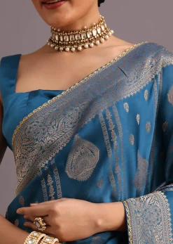 Blue Satin Silk Zari Woven Saree With Brocade Border