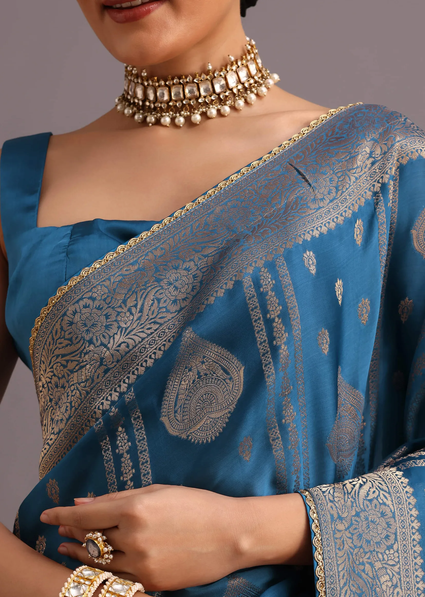 Blue Satin Silk Zari Woven Saree With Brocade Border