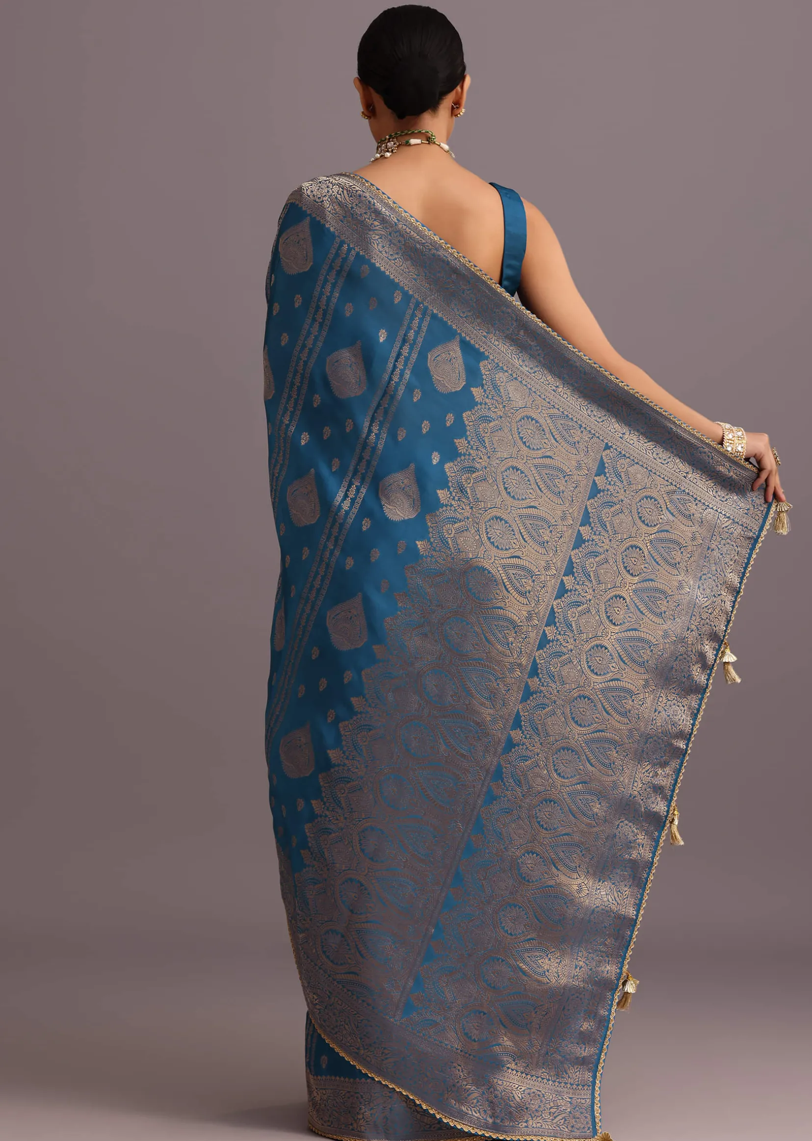 Blue Satin Silk Zari Woven Saree With Brocade Border