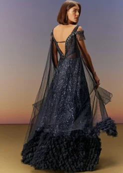 Blue Sequin Embroidered Gown With Tassel Detailing
