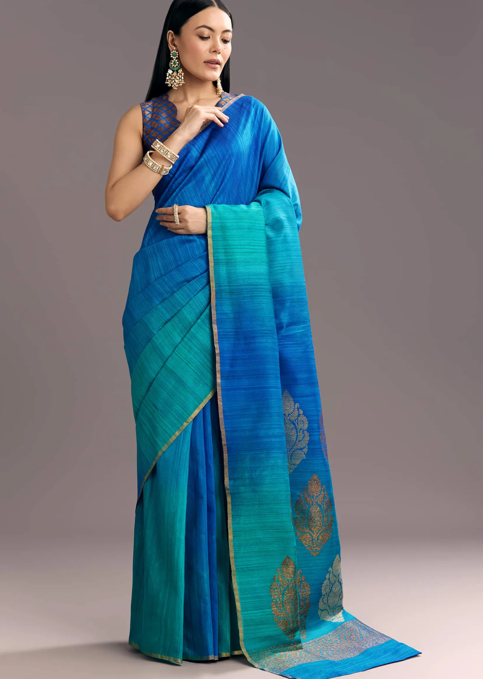Blue Shaded Kora Silk Handloom Saree With Woven Traditional Motif