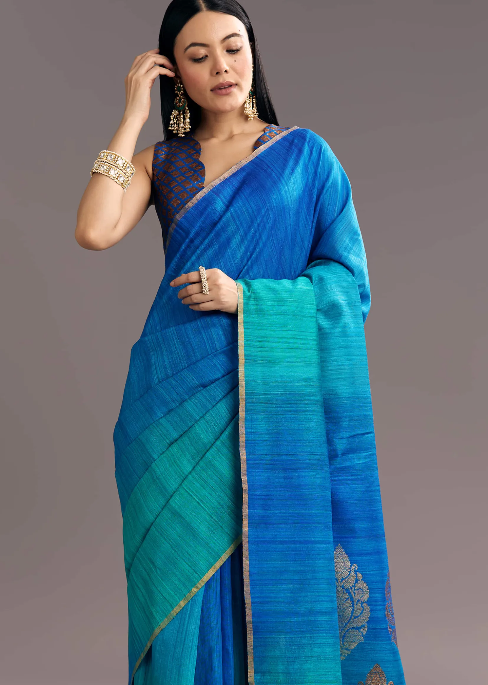 Blue Shaded Kora Silk Handloom Saree With Woven Traditional Motif