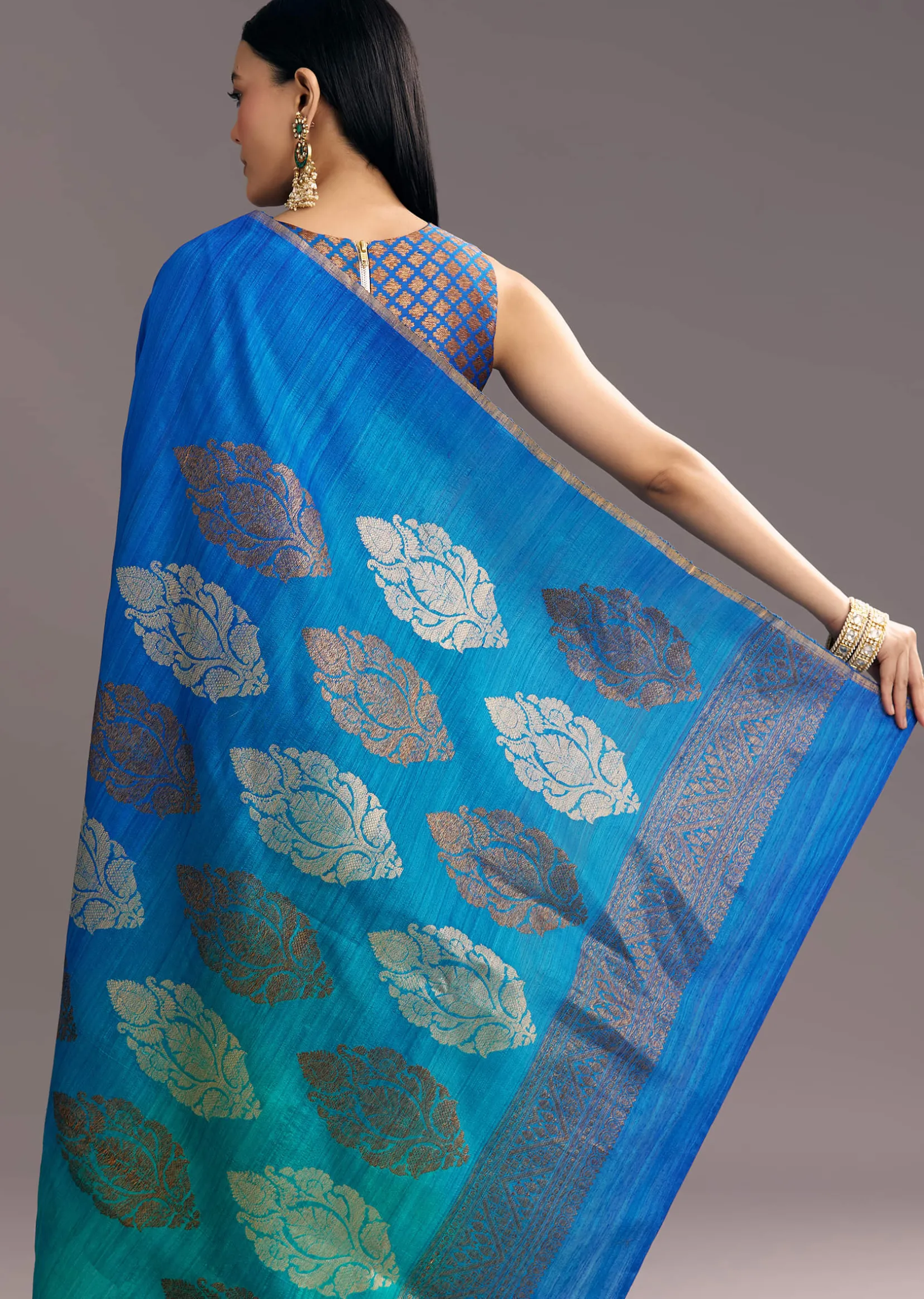 Blue Shaded Kora Silk Handloom Saree With Woven Traditional Motif