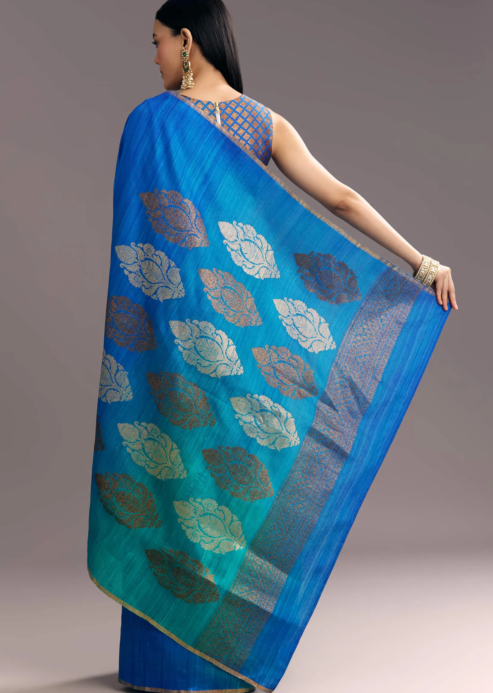 Blue Shaded Kora Silk Handloom Saree With Woven Traditional Motif