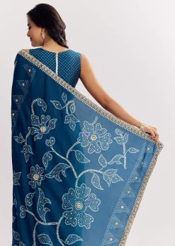 Blue Shaded Muslin Printed Saree With Embellishments