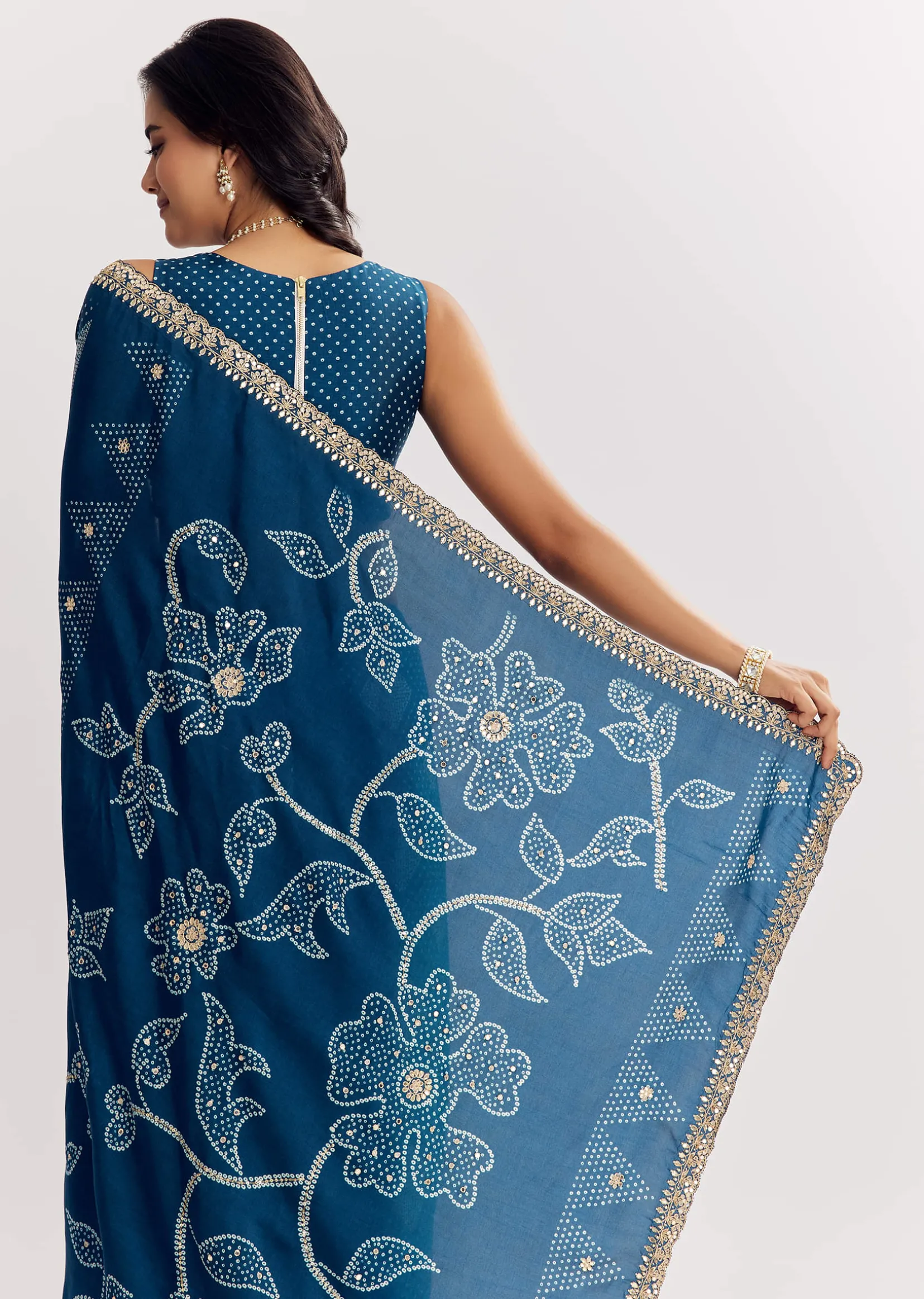 Blue Shaded Muslin Printed Saree With Embellishments