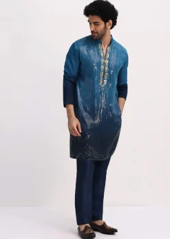 Blue Shaded Sequin Zipper Kurta With Navy Blue Pants