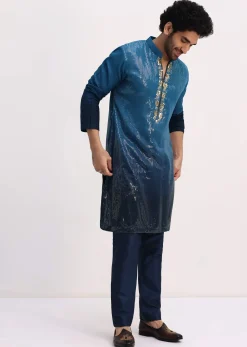 Blue Shaded Sequin Zipper Kurta With Navy Blue Pants