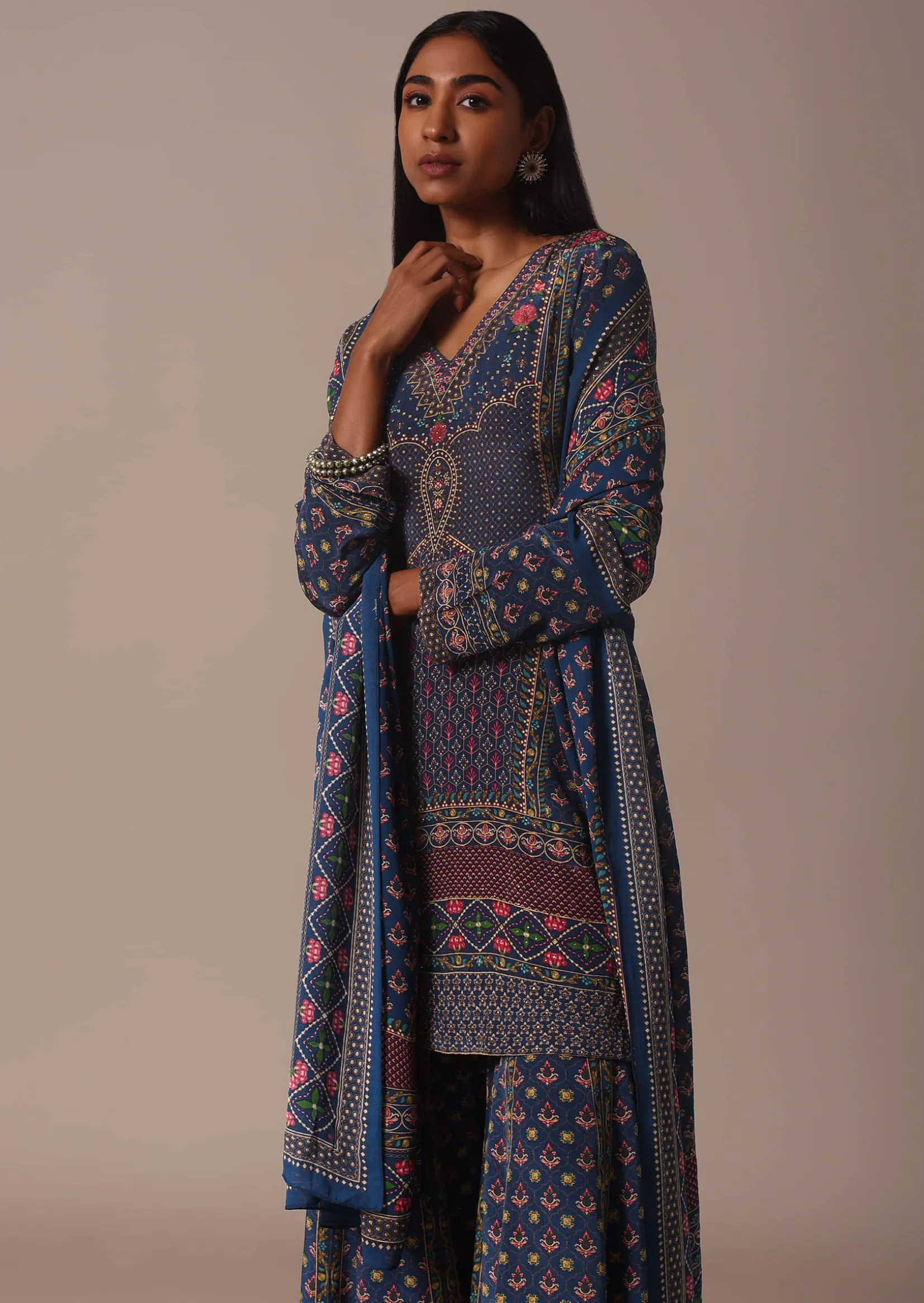 Blue Sharara Set With Printed And Stone Embellished Kurta