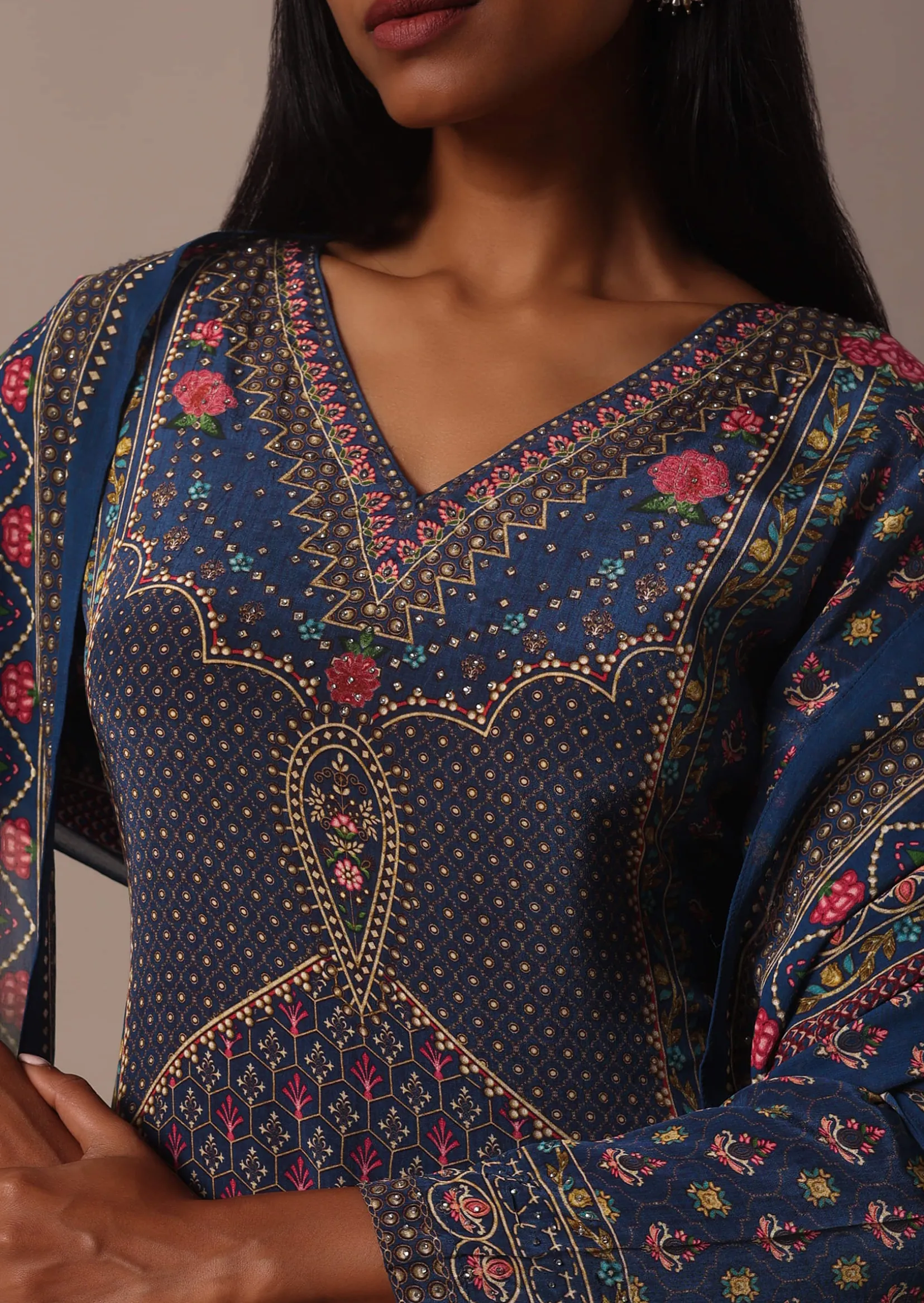 Blue Sharara Set With Printed And Stone Embellished Kurta