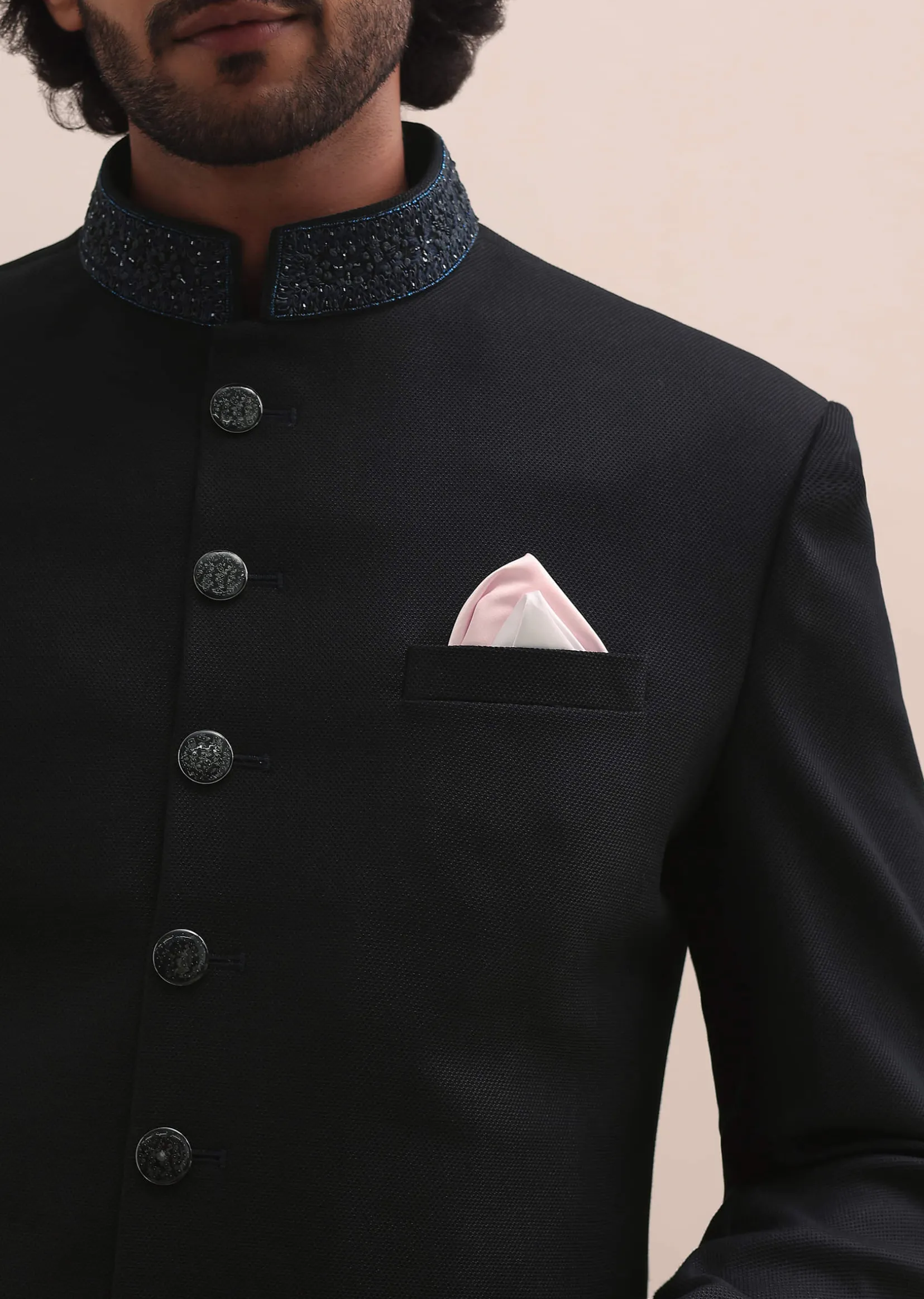 Blue Sherwani With Intricate Embroidered Collar For Men