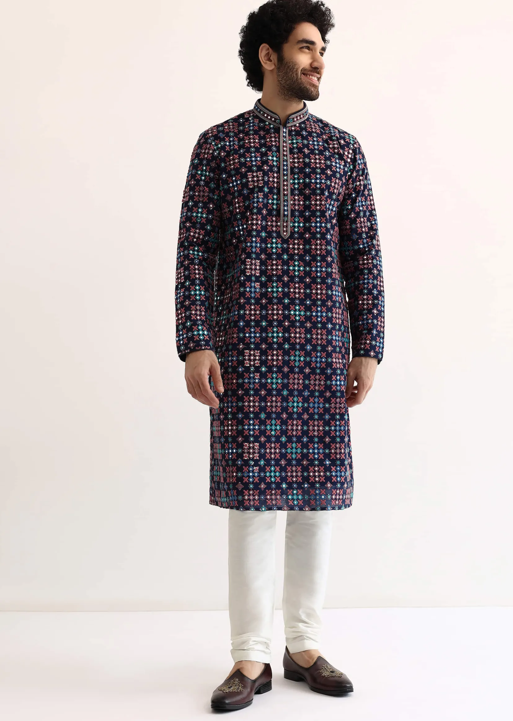 Blue Silk Abla Work Kurta Set For Men