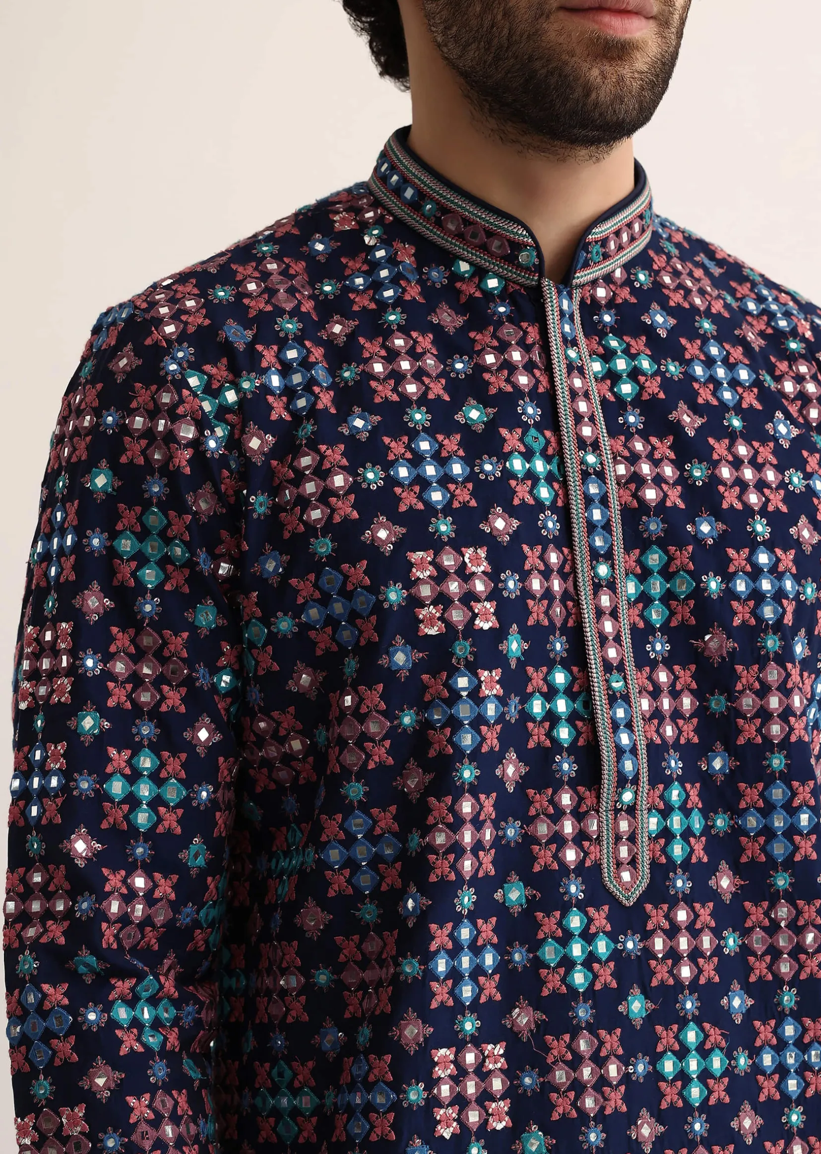 Blue Silk Abla Work Kurta Set For Men