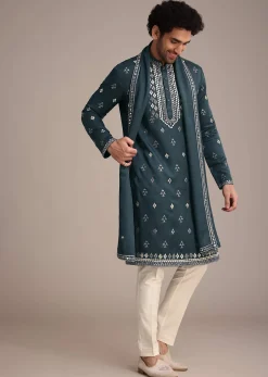 Blue Silk Blend Kurta Dupatta Set With Mirror Work