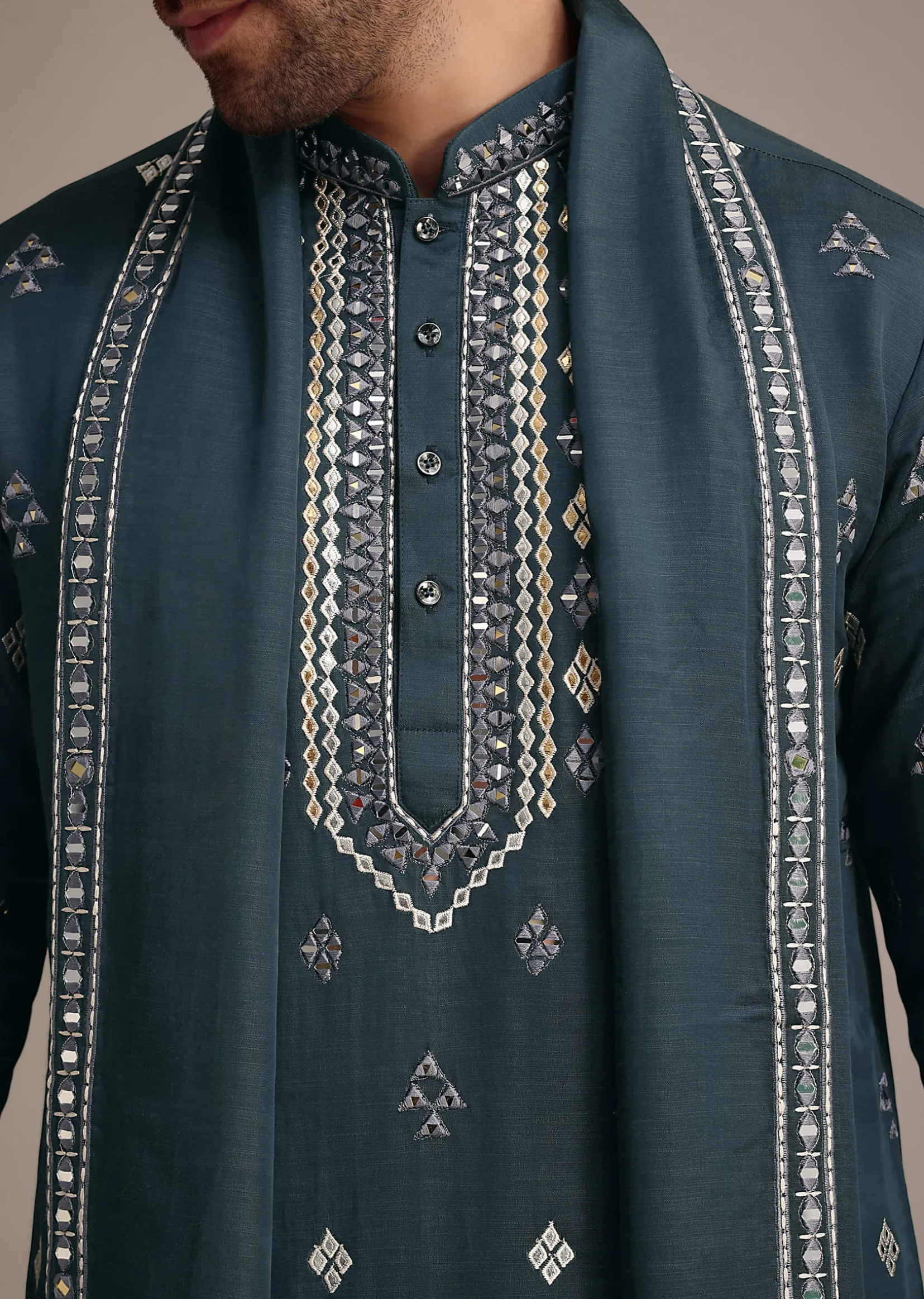 Blue Silk Blend Kurta Dupatta Set With Mirror Work