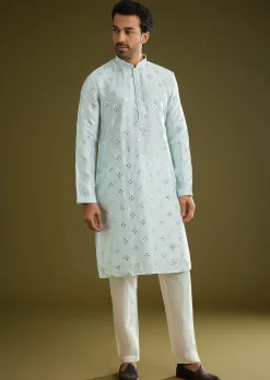Blue Silk Blend Kurta Set With Mirror Work
