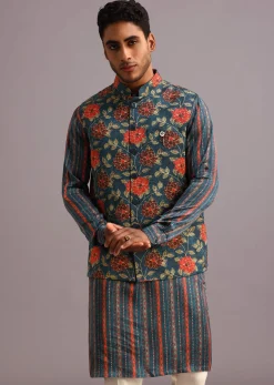 Blue Silk Floral And Stripe Print Jacket Kurta Set
