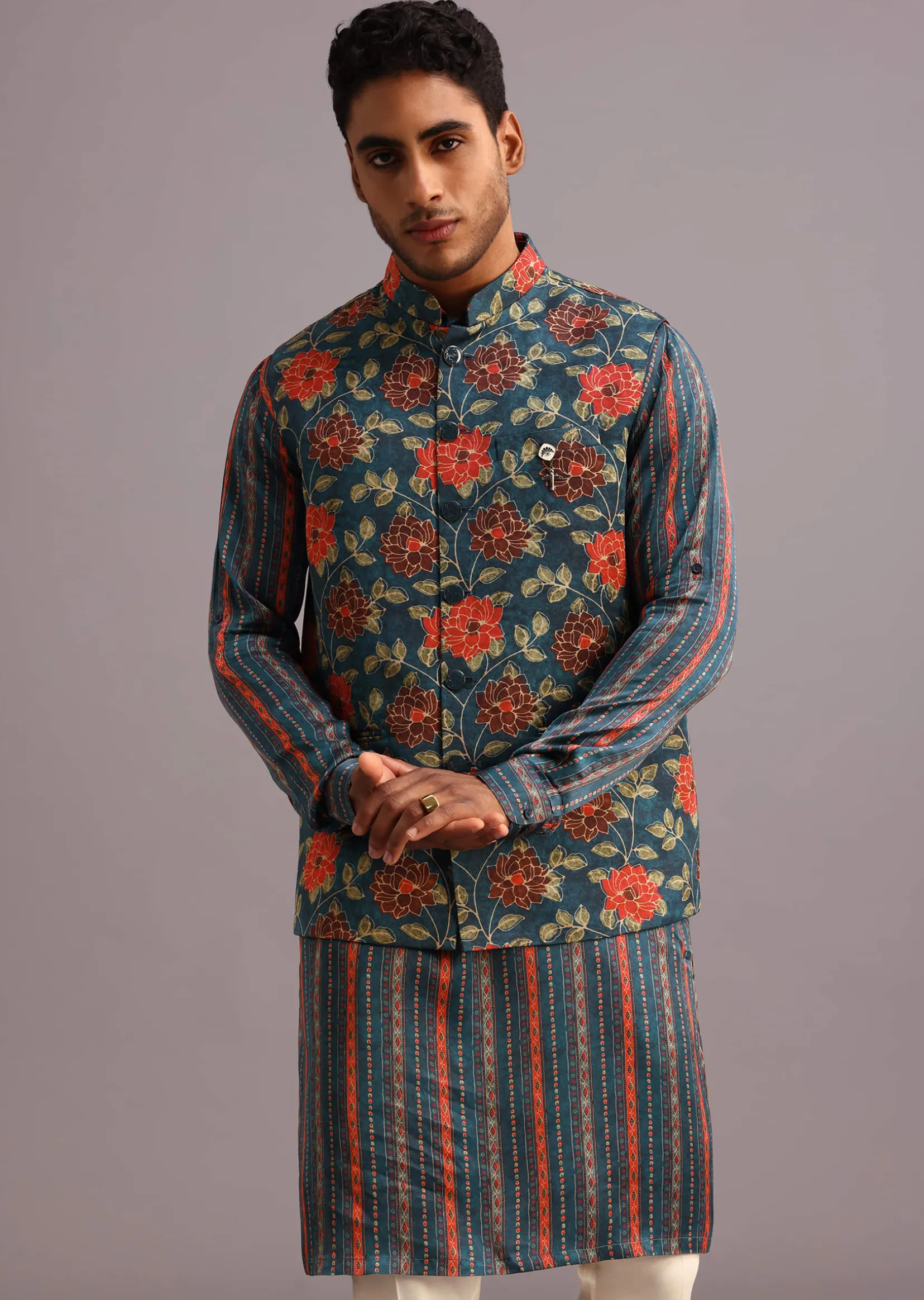 Blue Silk Floral And Stripe Print Jacket Kurta Set