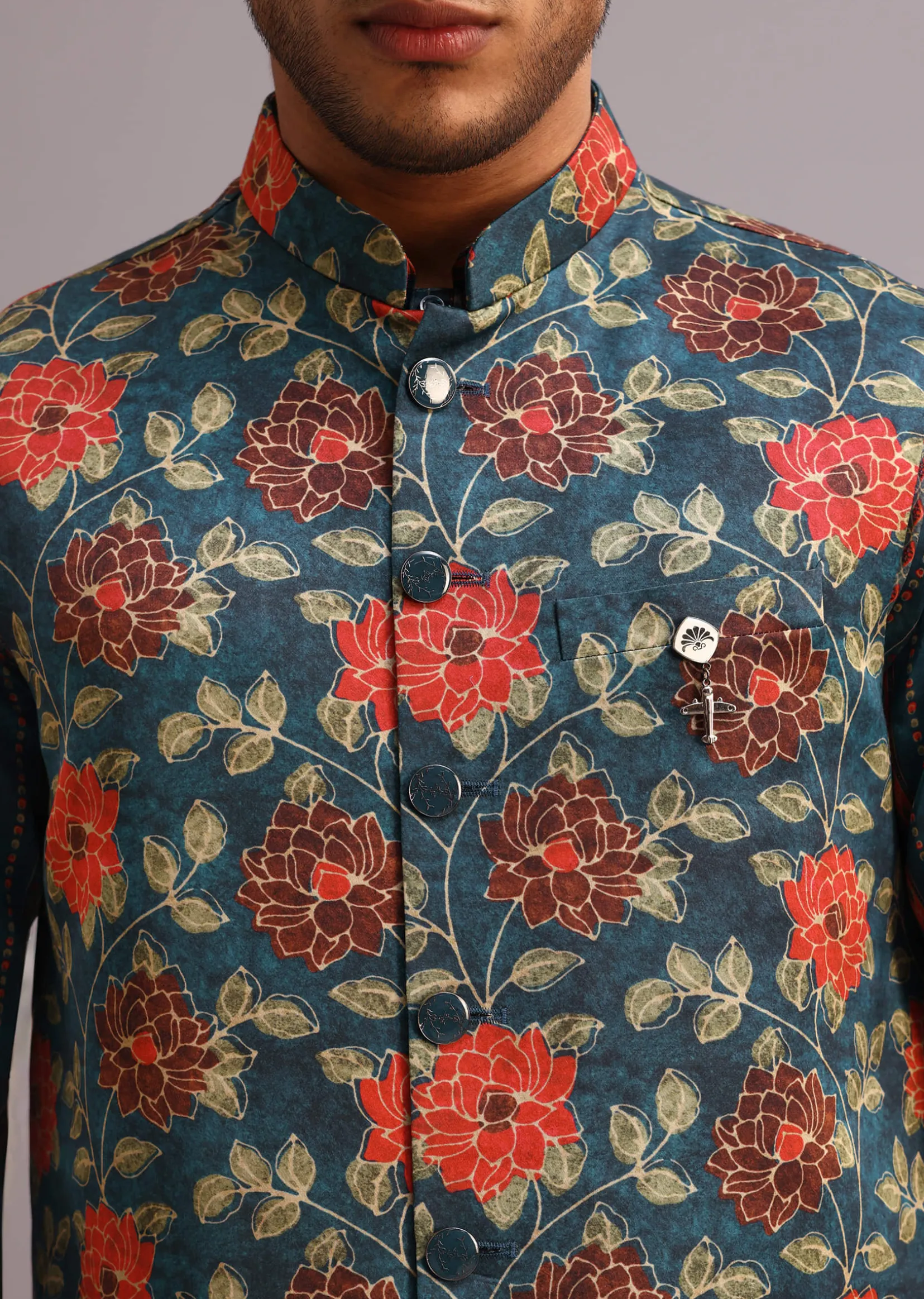 Blue Silk Floral And Stripe Print Jacket Kurta Set