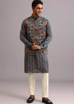 Blue Silk Floral And Stripe Print Jacket Kurta Set