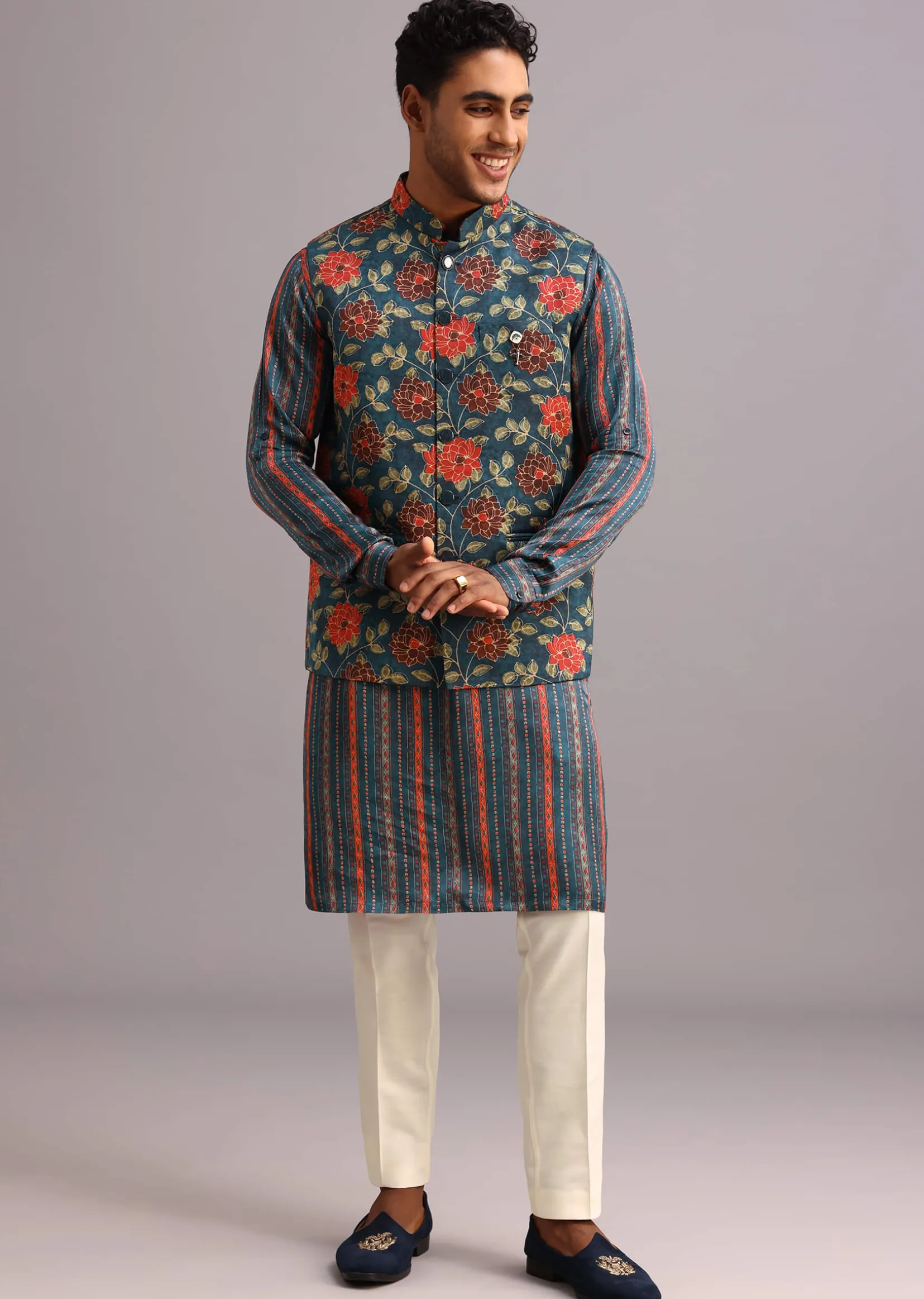 Blue Silk Floral And Stripe Print Jacket Kurta Set