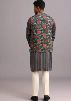 Blue Silk Floral And Stripe Print Jacket Kurta Set