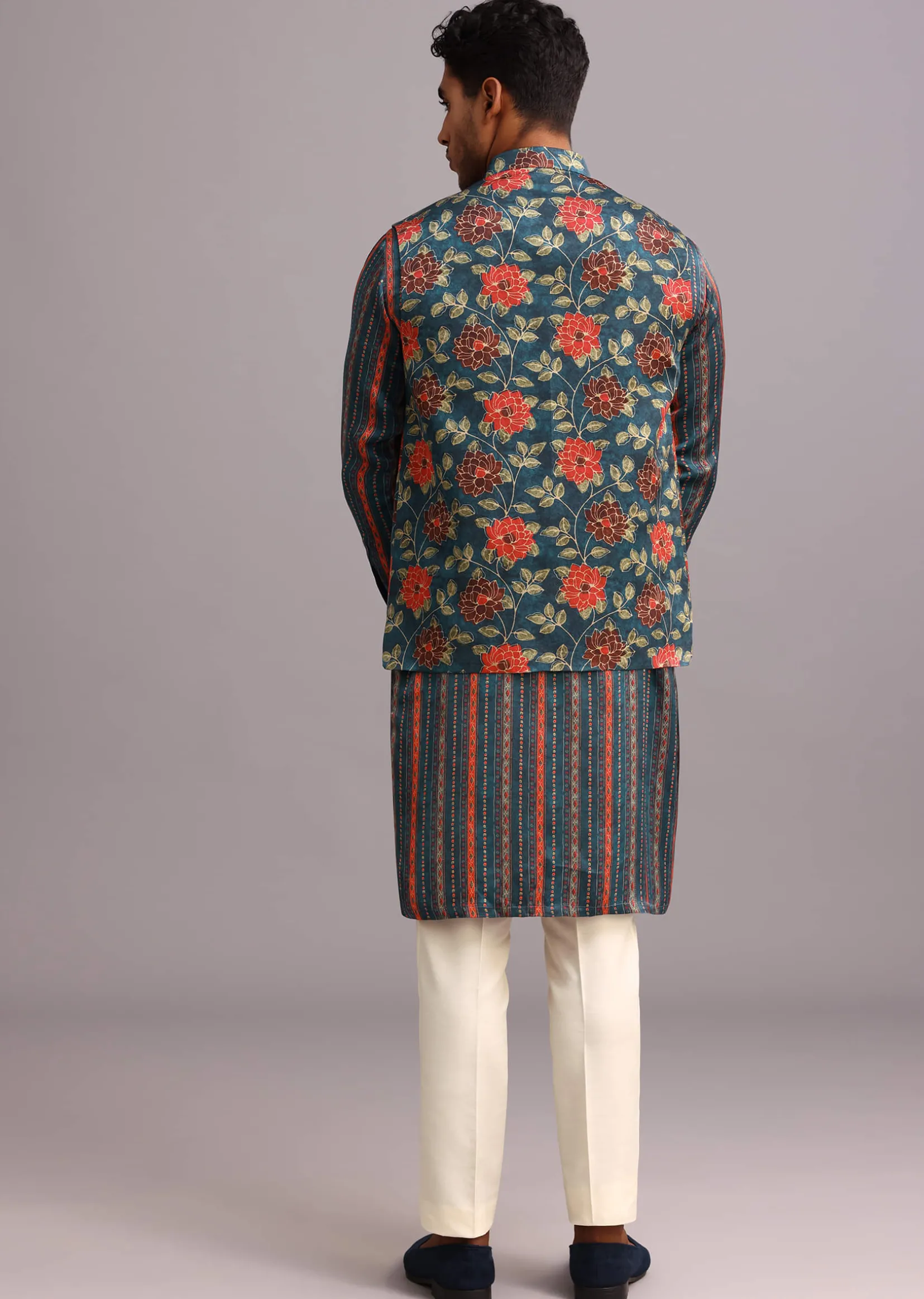 Blue Silk Floral And Stripe Print Jacket Kurta Set