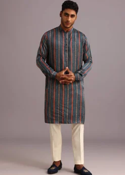 Blue Silk Floral And Stripe Print Jacket Kurta Set