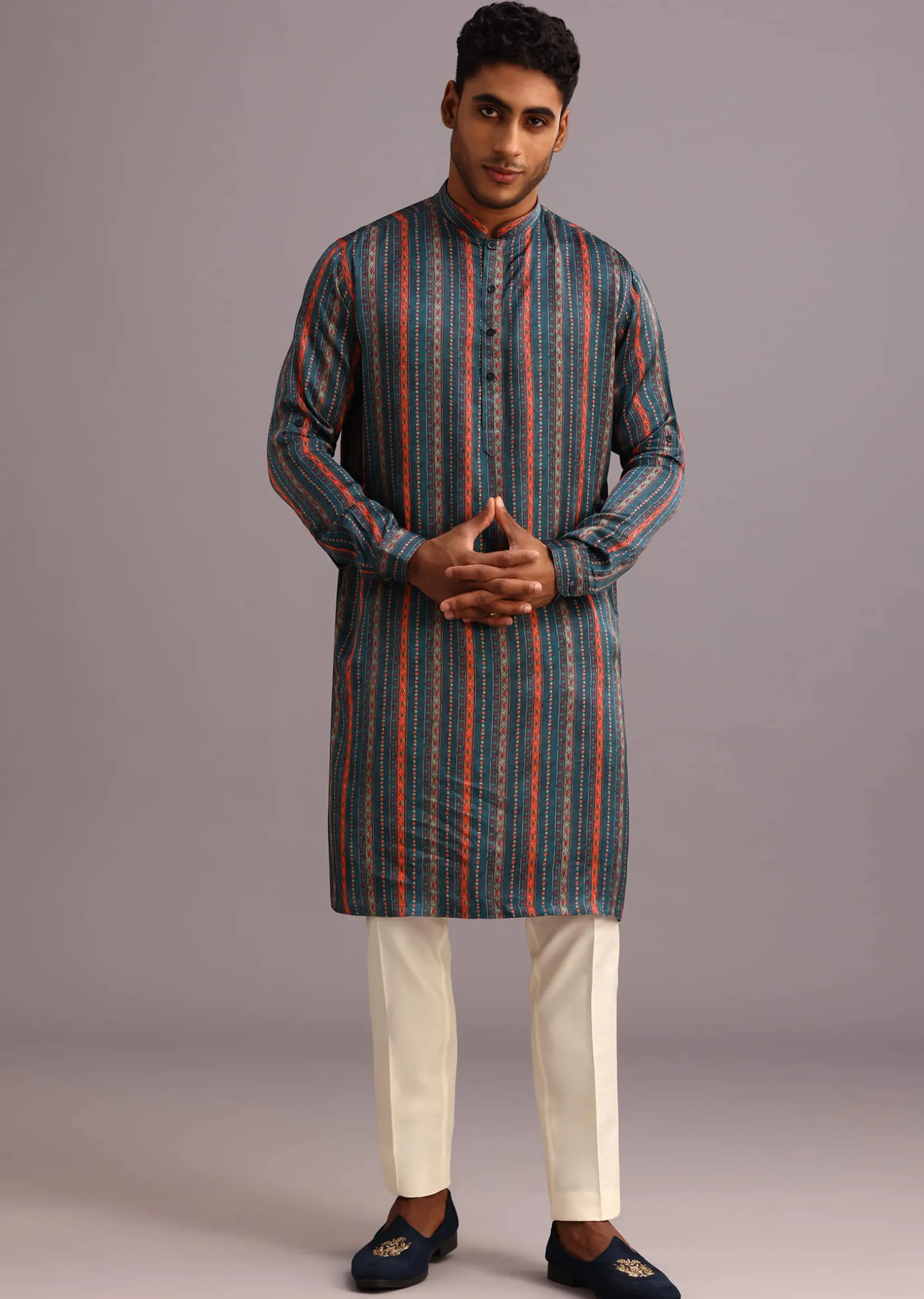 Blue Silk Floral And Stripe Print Jacket Kurta Set
