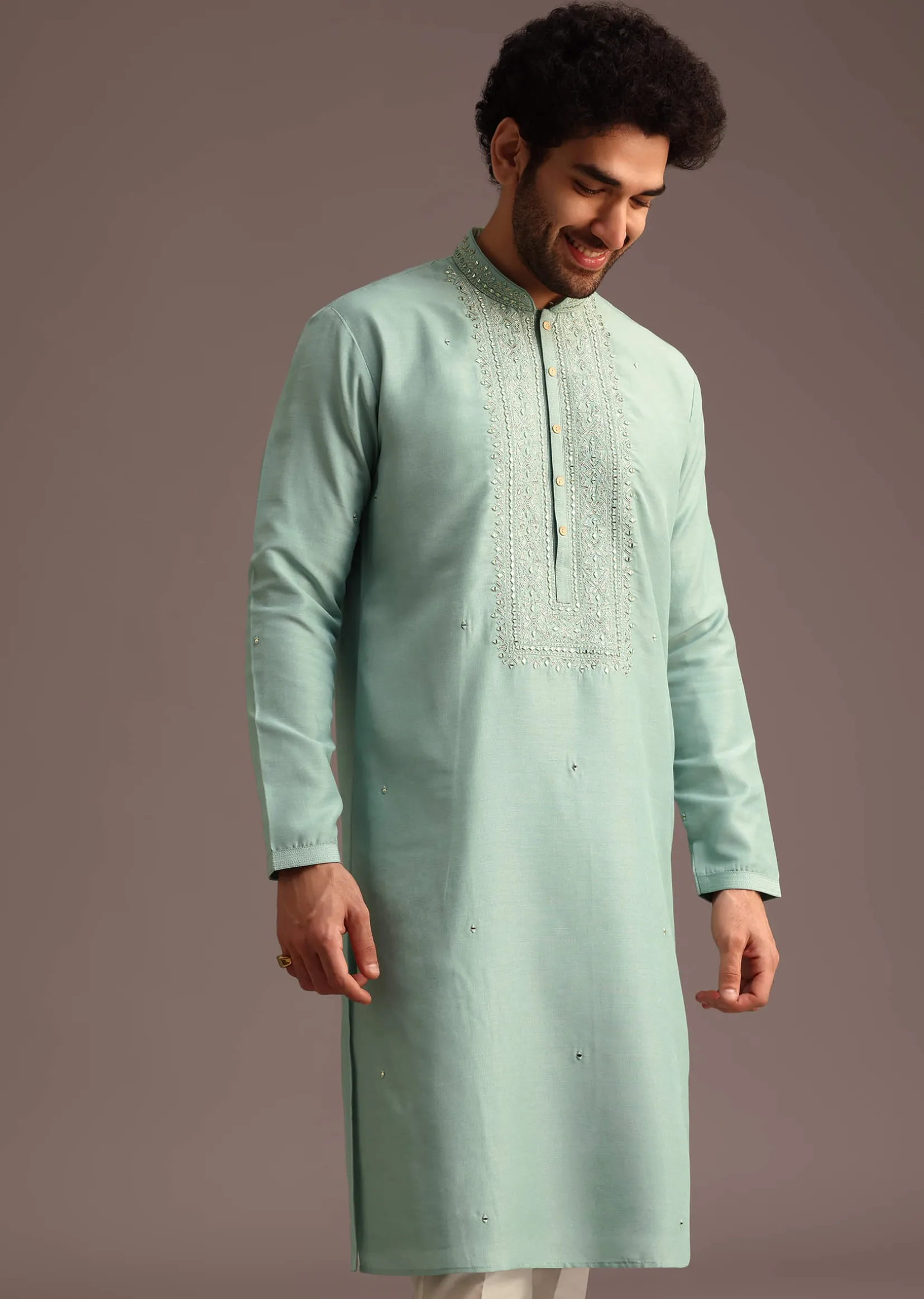 Blue Silk Hand Work Embroidered Yoke Kurta And Pant
