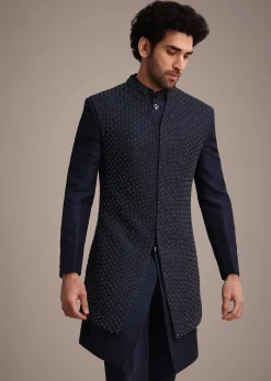 Blue Silk Indowestern Set With Embroidery