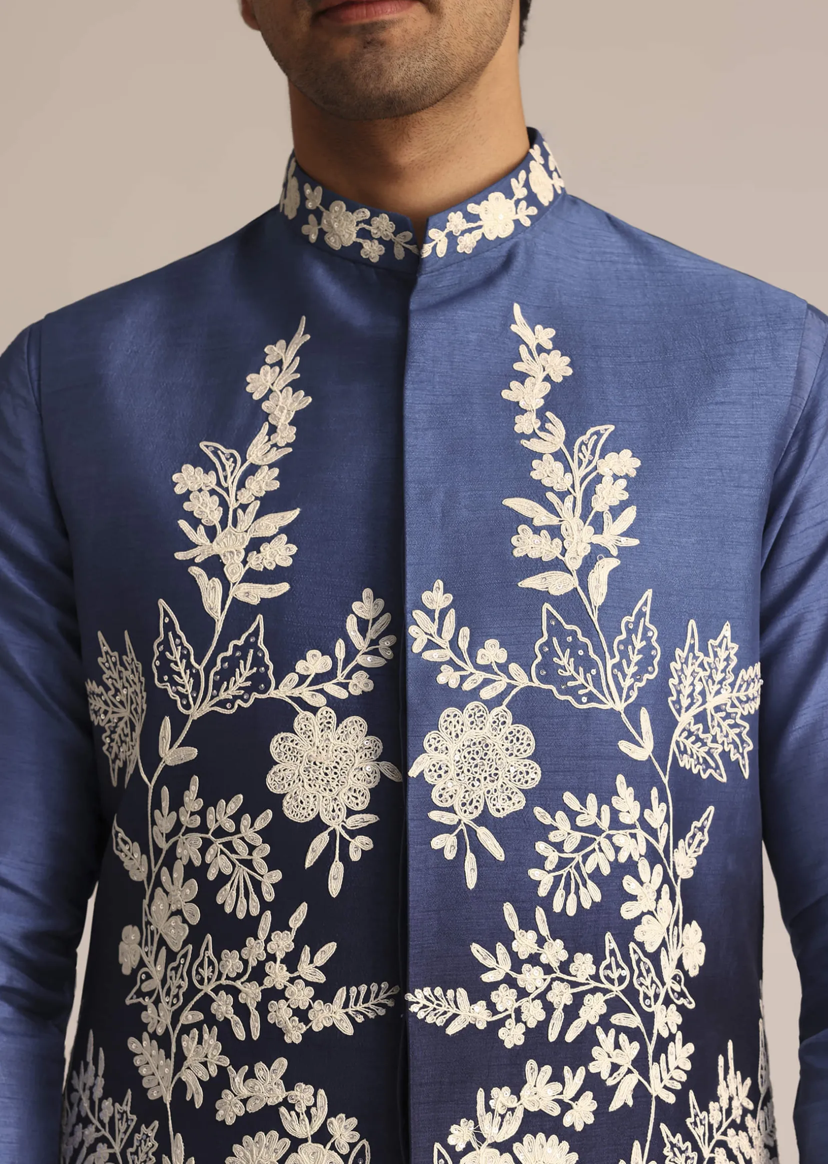 Blue Silk Jacket Set With Dori Work