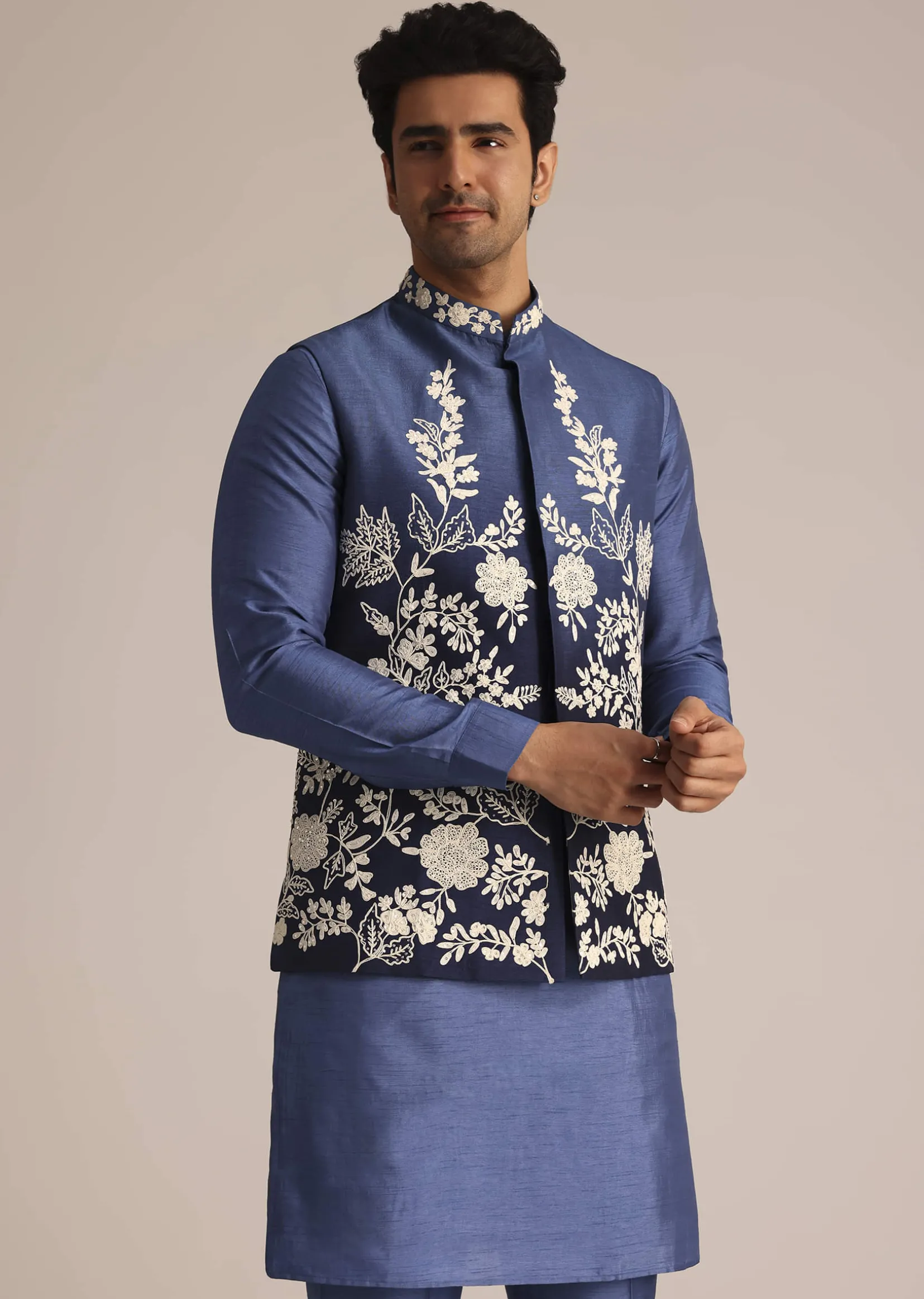 Blue Silk Jacket Set With Dori Work
