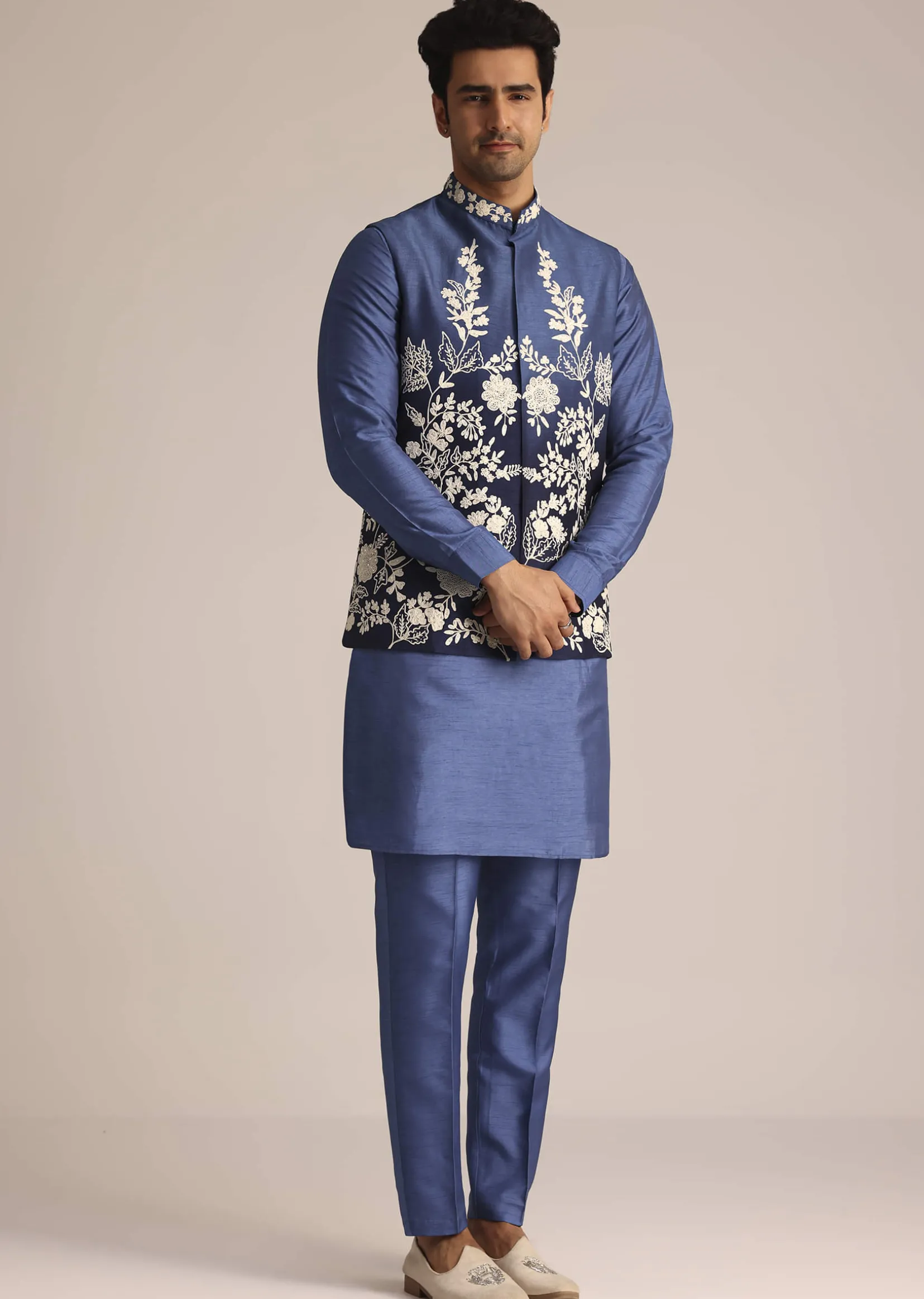 Blue Silk Jacket Set With Dori Work