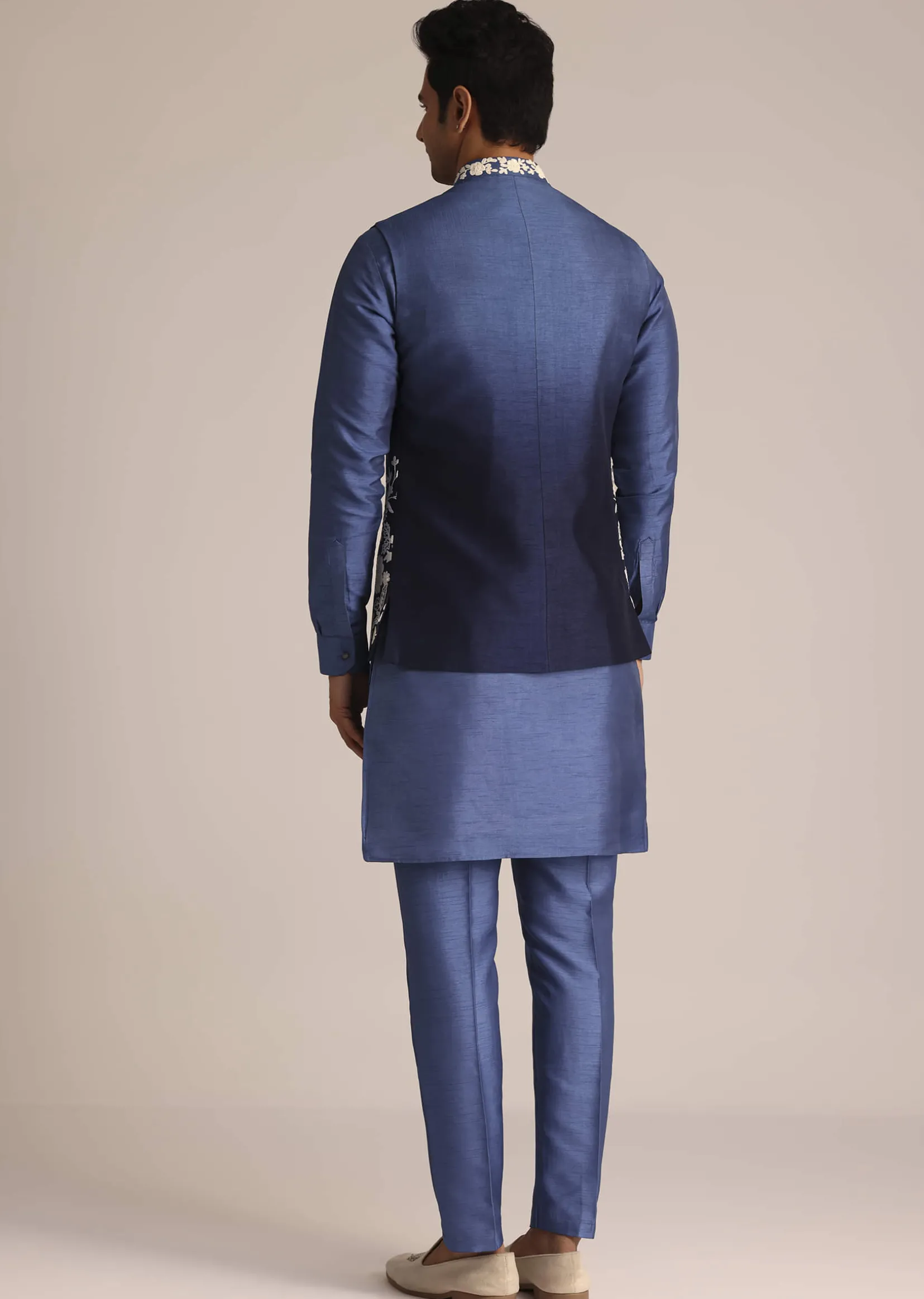 Blue Silk Jacket Set With Dori Work