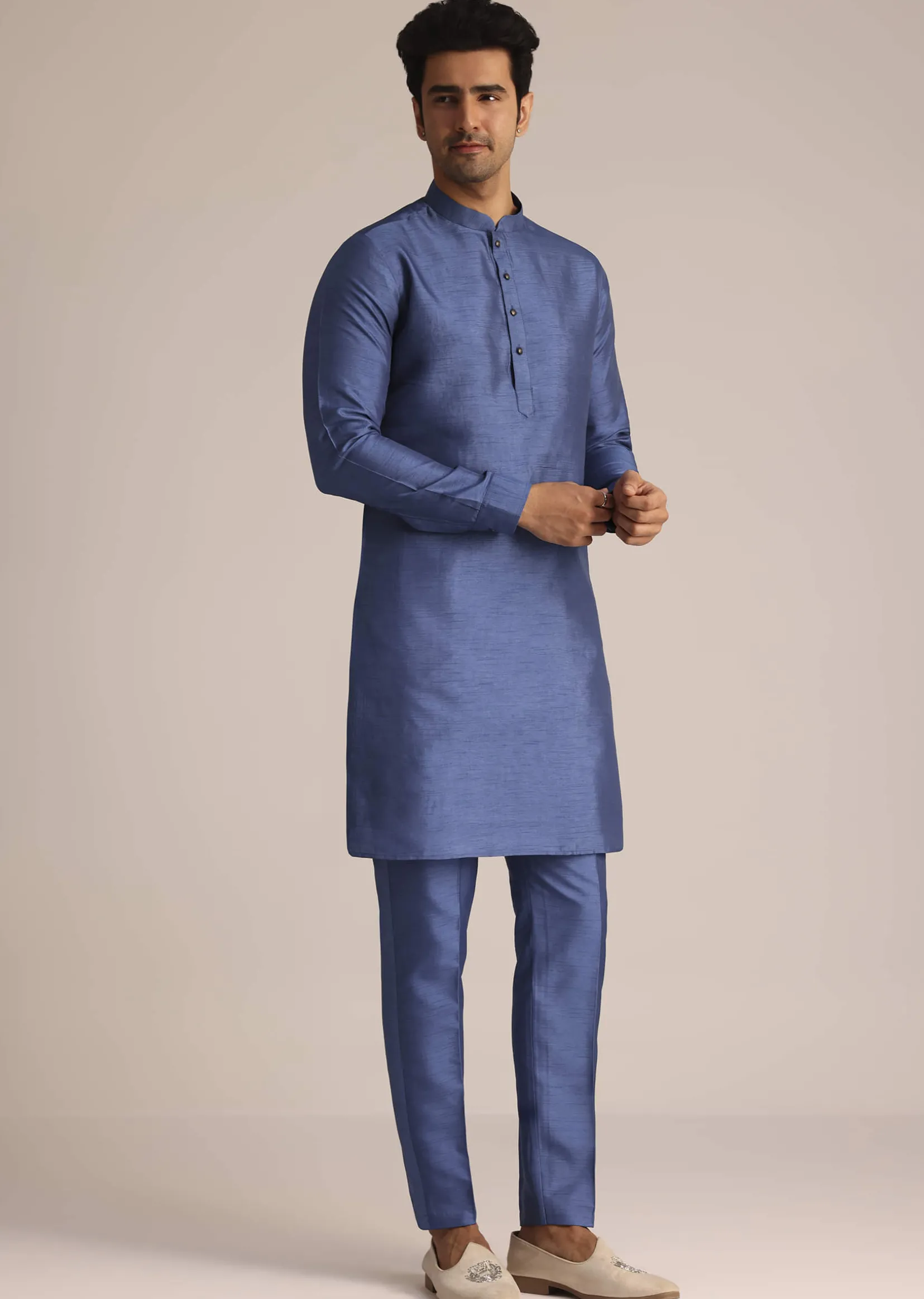 Blue Silk Jacket Set With Dori Work