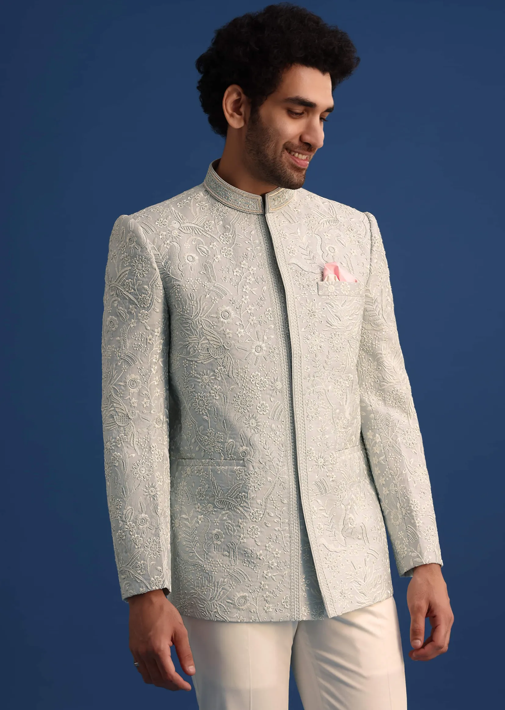 Blue Silk Jodhpuri Pant Set With Hand Work