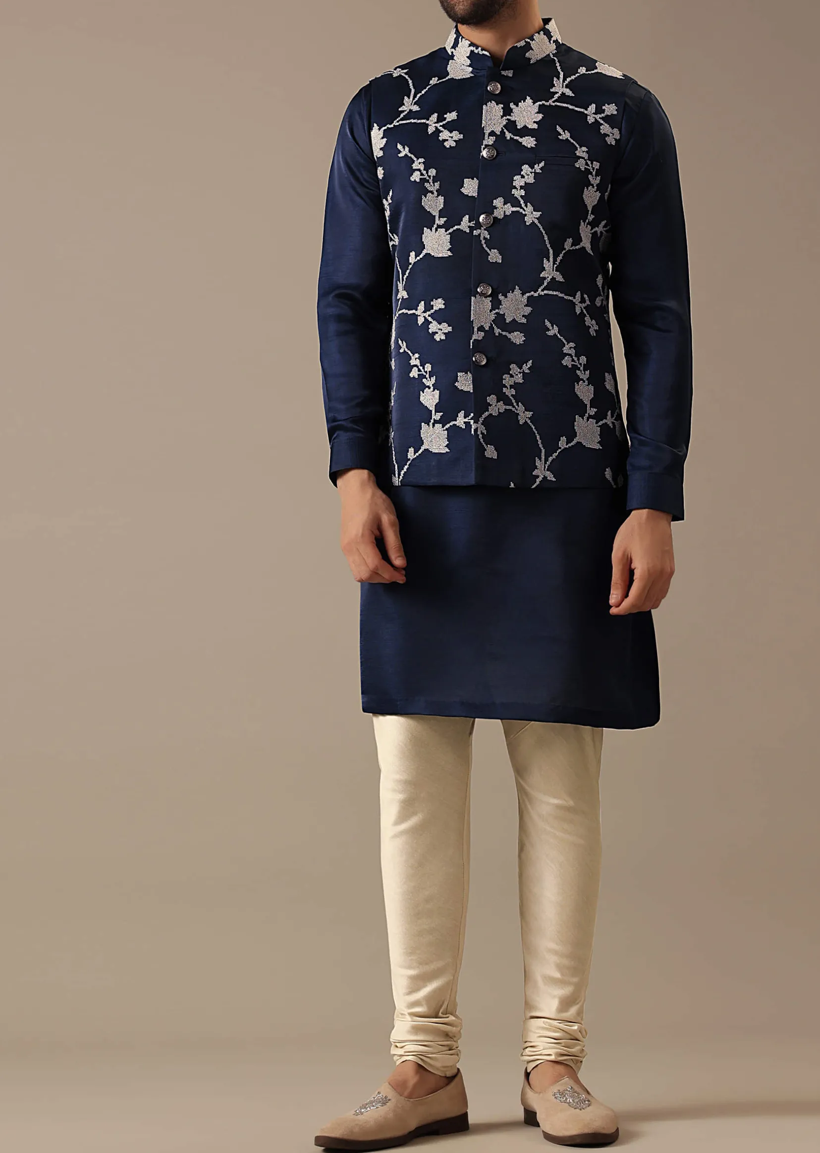 Blue Silk Kurta And Floral Bundi Set