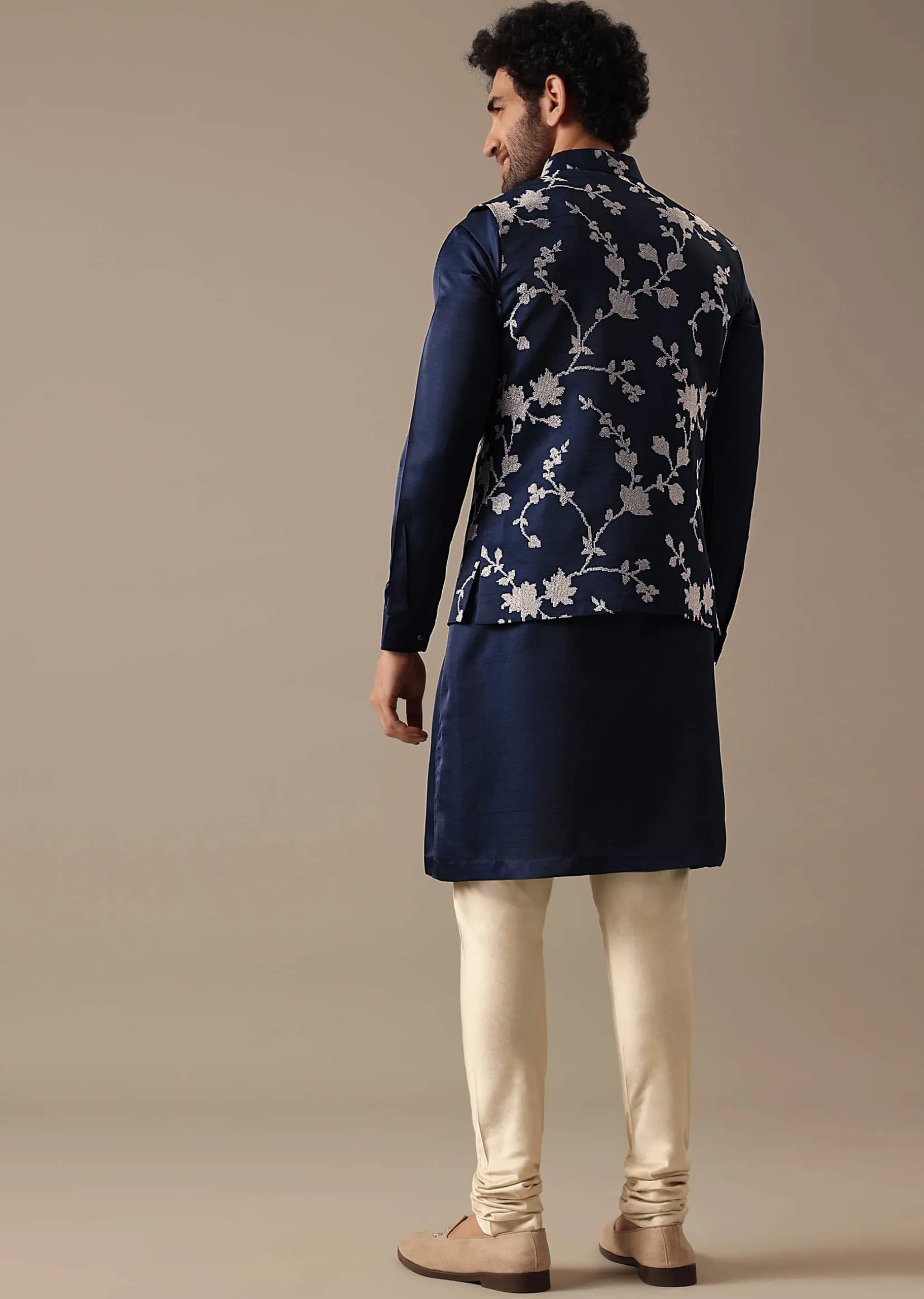 Blue Silk Kurta And Floral Bundi Set