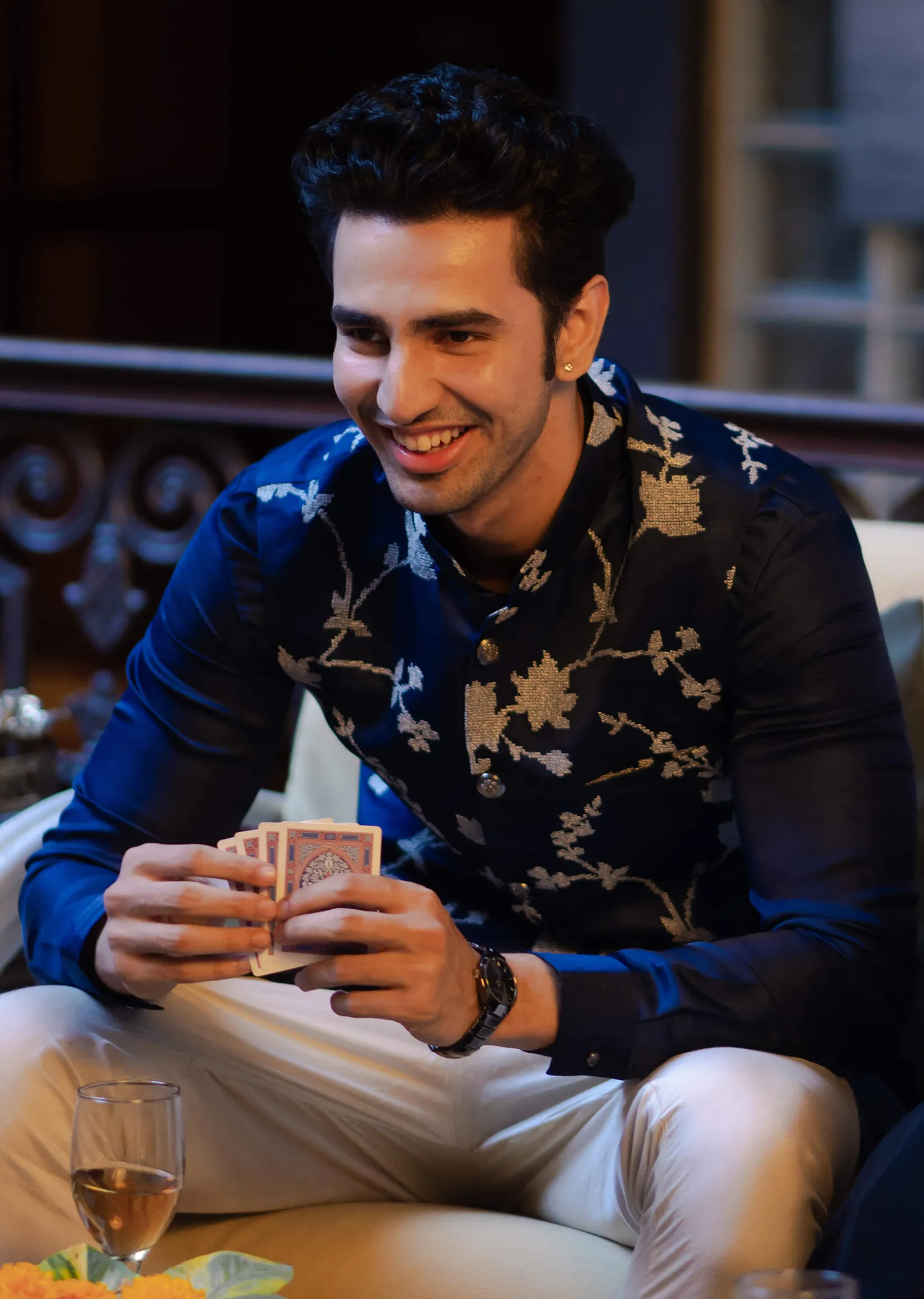 Blue Silk Kurta And Floral Bundi Set
